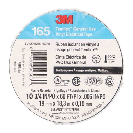 Install Bay 3M Temflex 3/4-Inch Economy Vinyl Electrical Tape 165, 60 Feet (Single Roll) 3M165